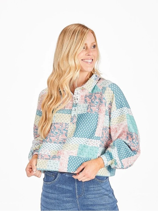 Simply Southern Tops - Simply Southern Women L Multi Patchwork Floral Print Slightly Cropped Polo Shirt